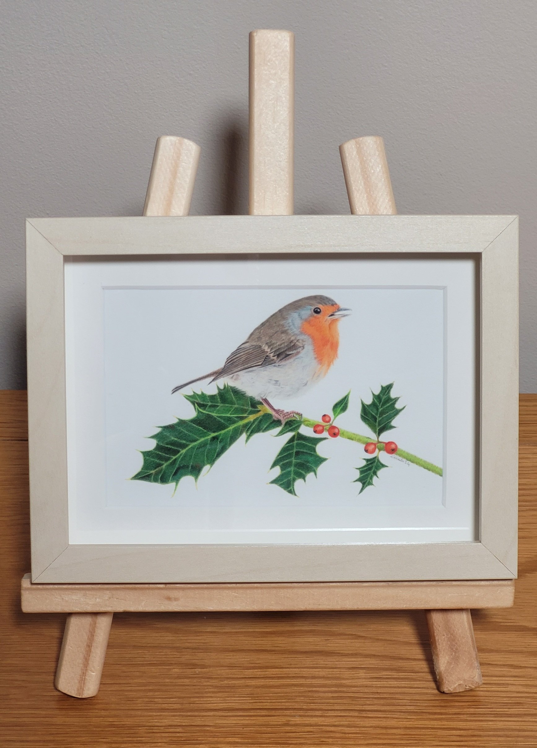 Robin on holly small framed print.