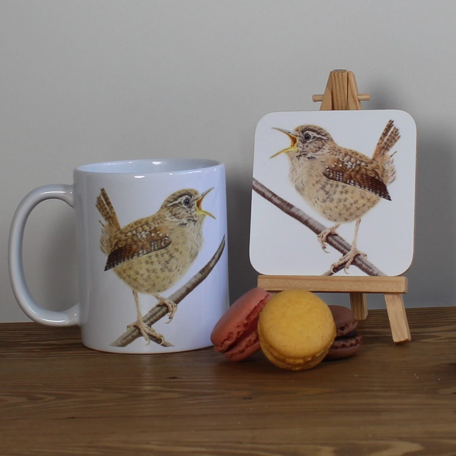 Singing wren white 11oz ceramic mug with matching coaster.