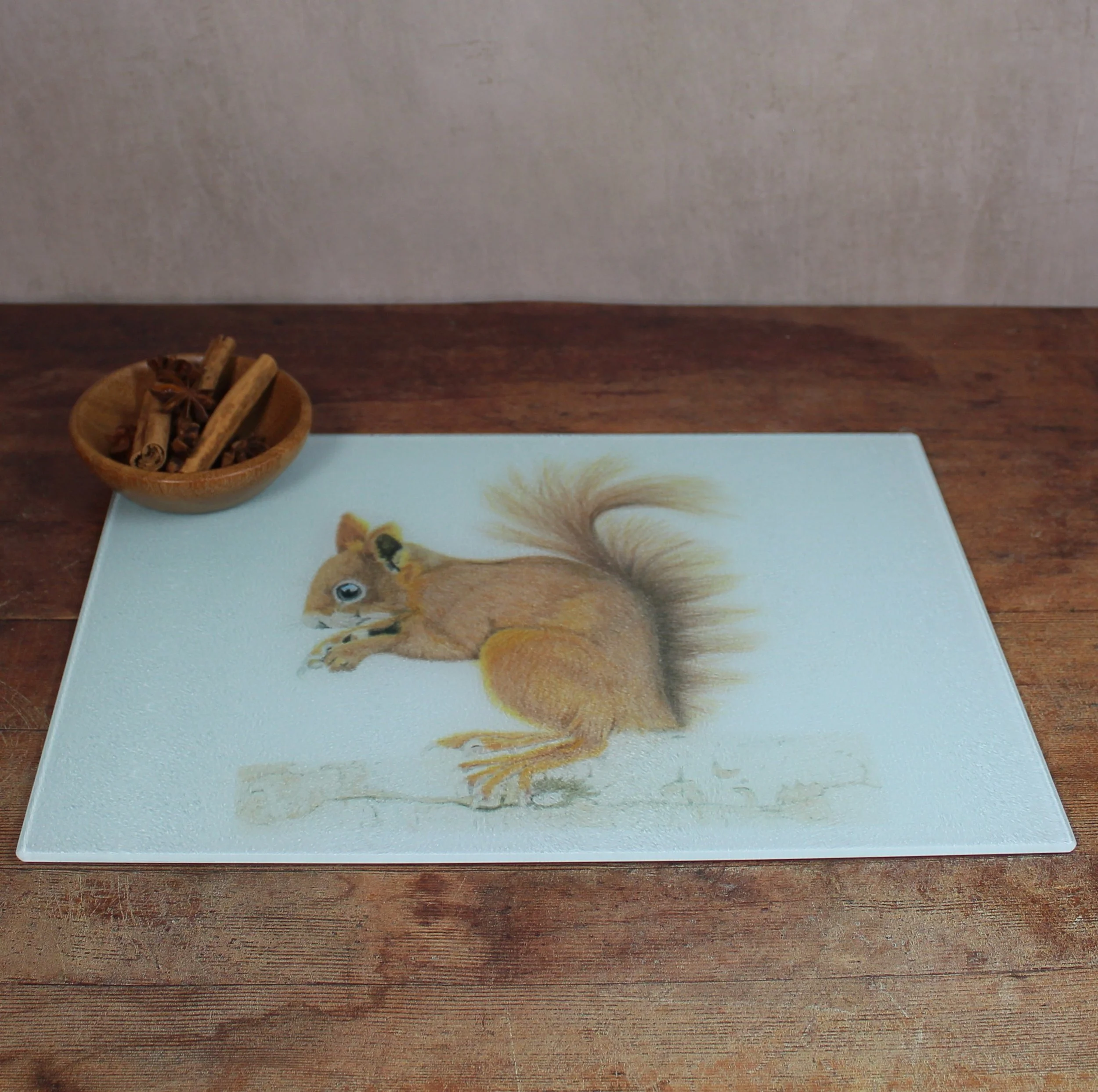 Red squirrel large glass chopping board / worktop saver
