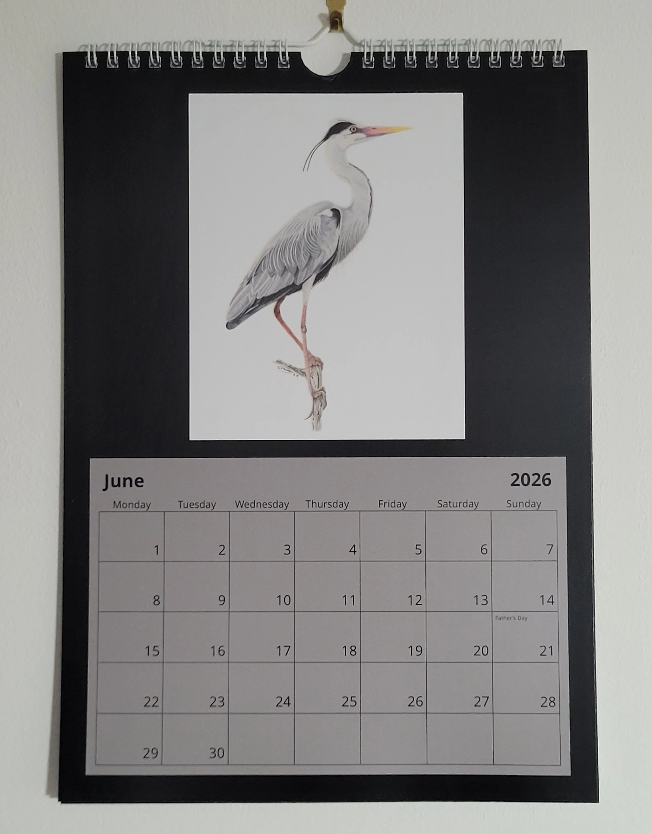 2026 wall calendar with British wildlife artwork. A grey heron is on the June page.