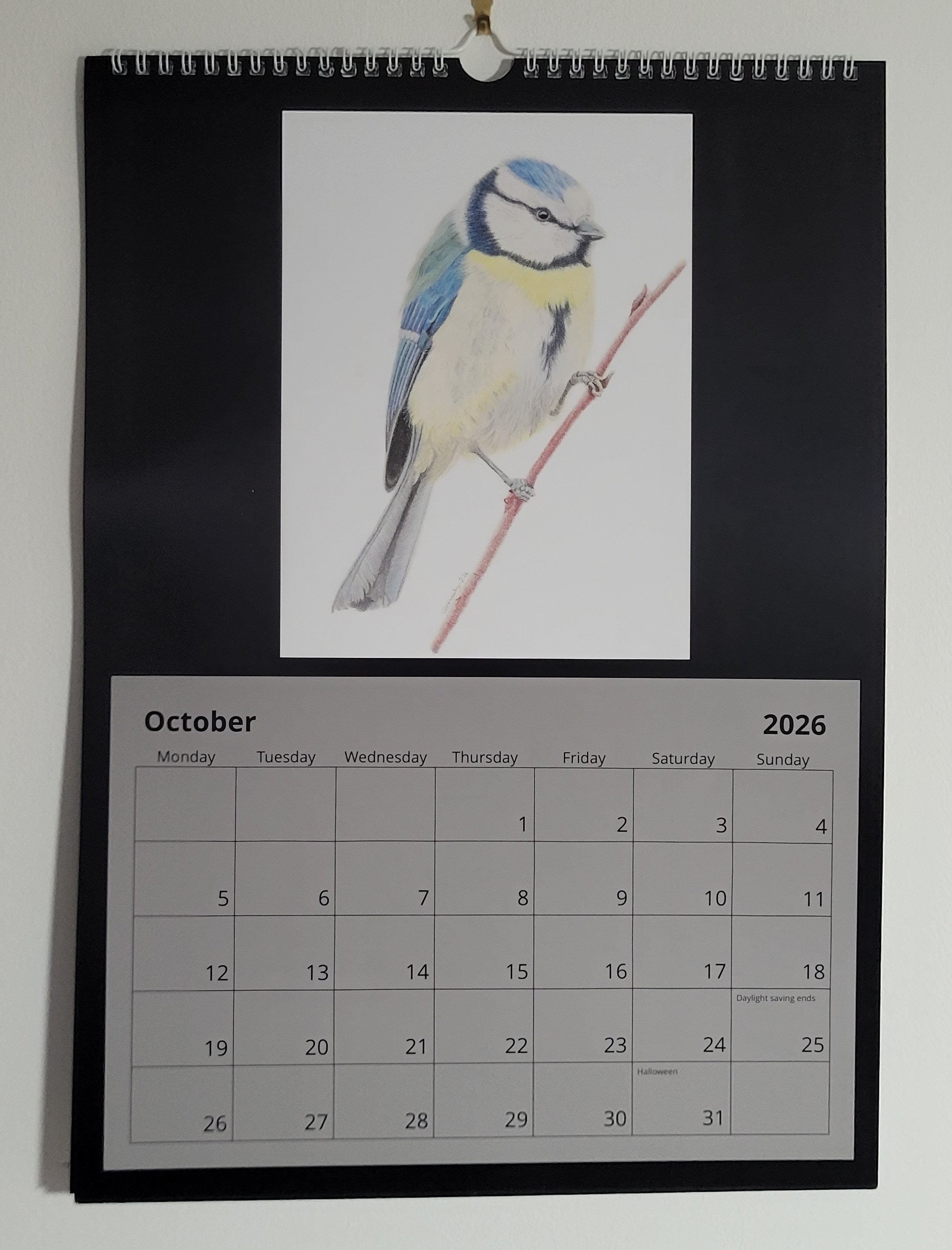 2026 British wildlife A3 wall calendar.  A blue tit features for October.