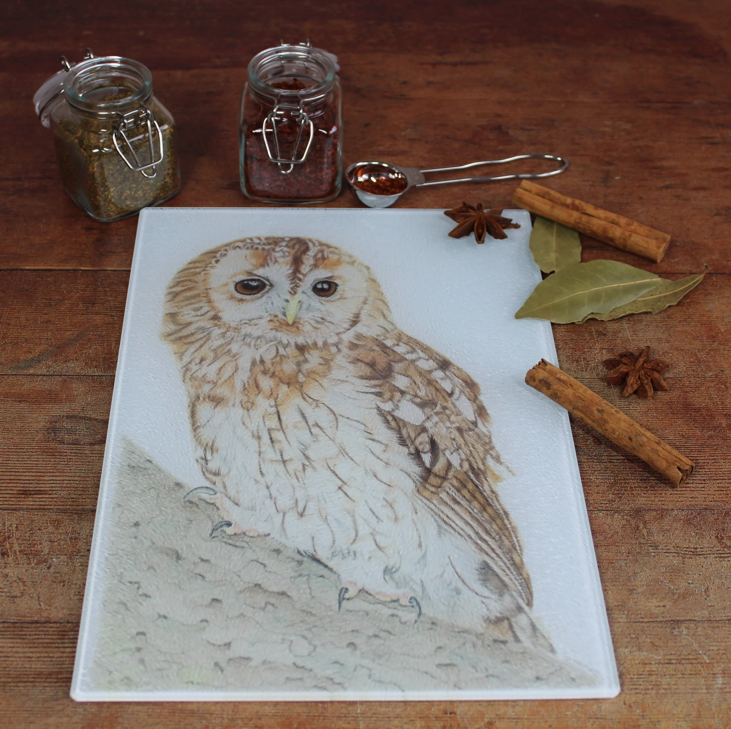 Tawny owl small glass chopping board / worktop saver.