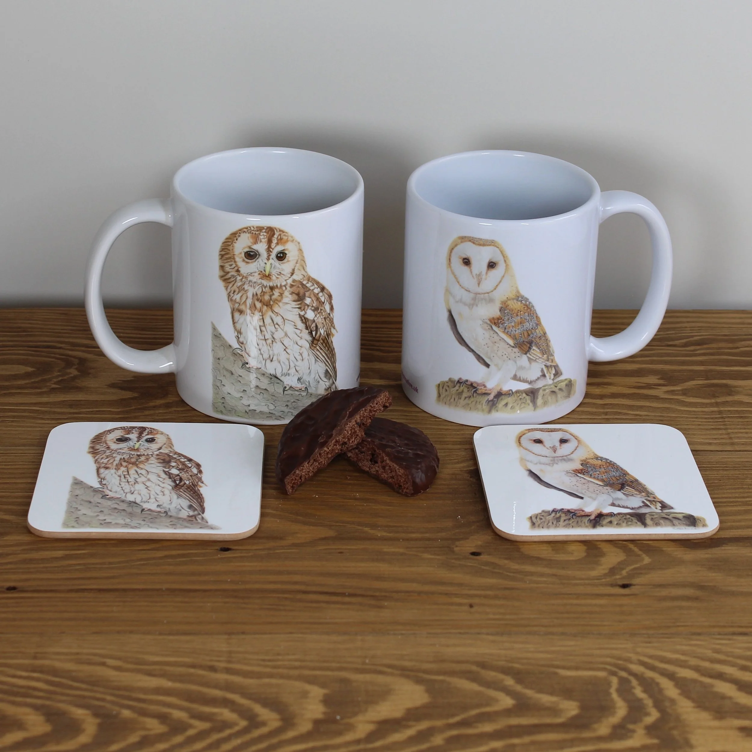 Individual glossy barn owl and tawny owl coasters with a barn owl and tawny owl mug.g.