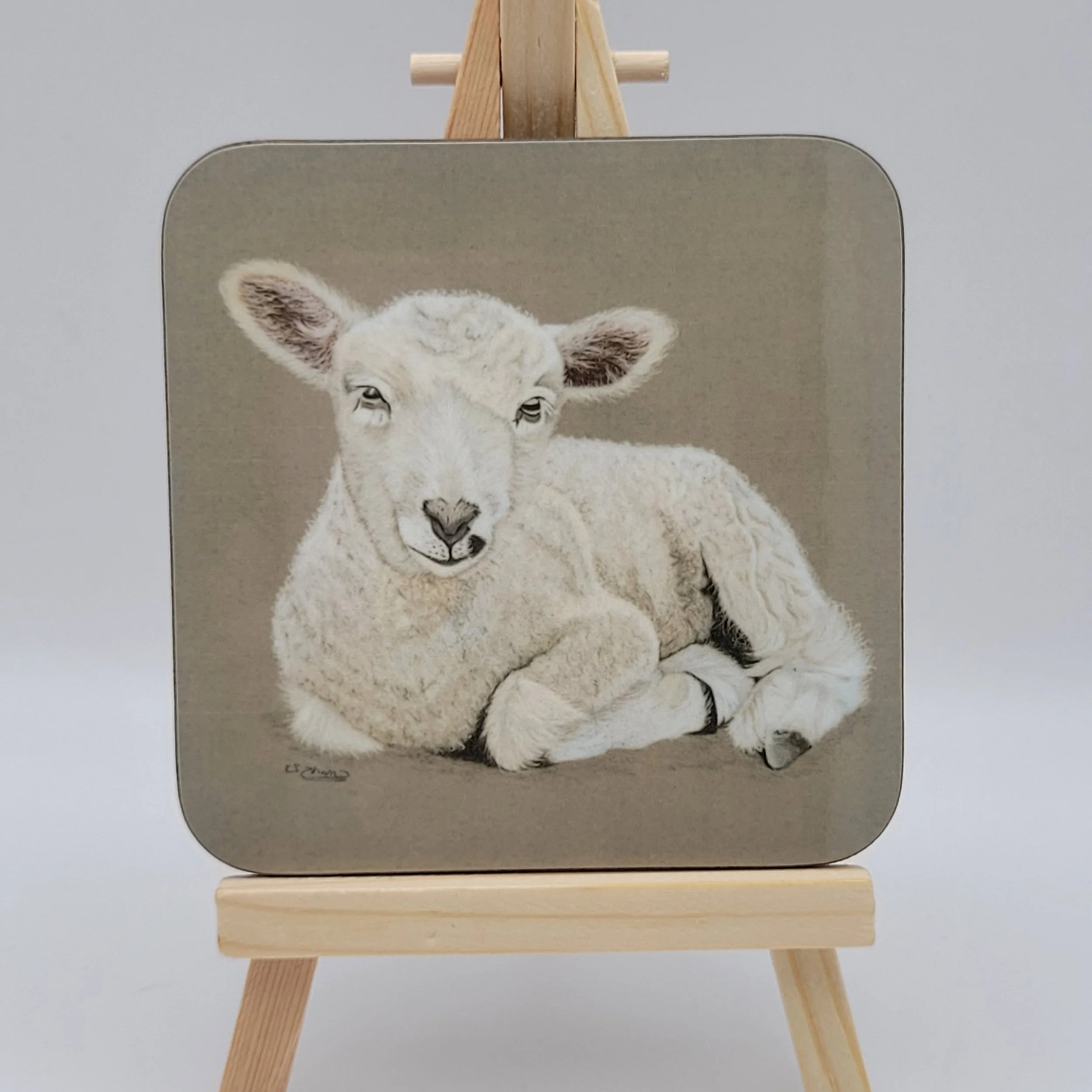 Individual glossy lamb coaster (9cm square).