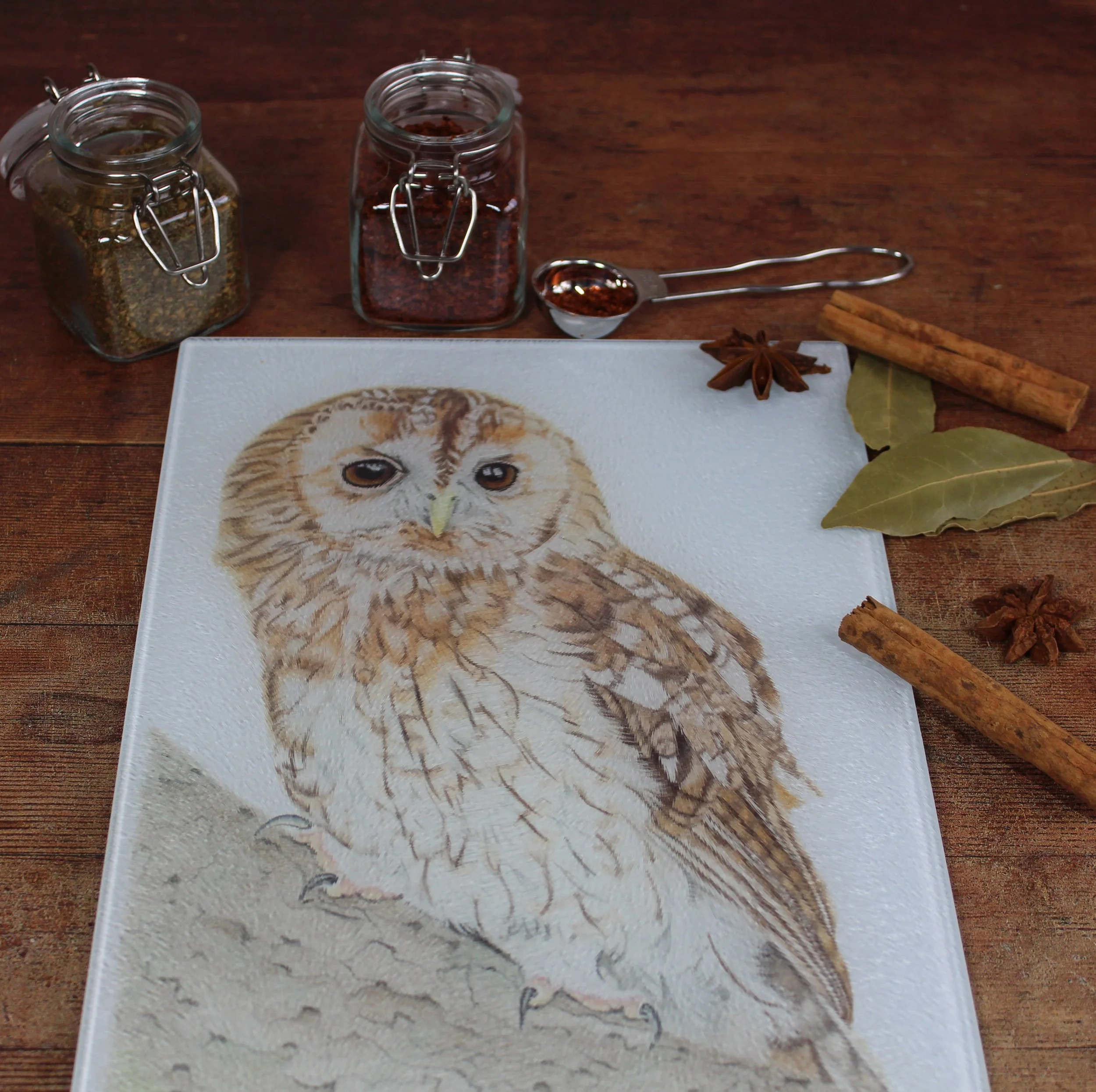 Tawny owl small glass chopping board / worktop saver.