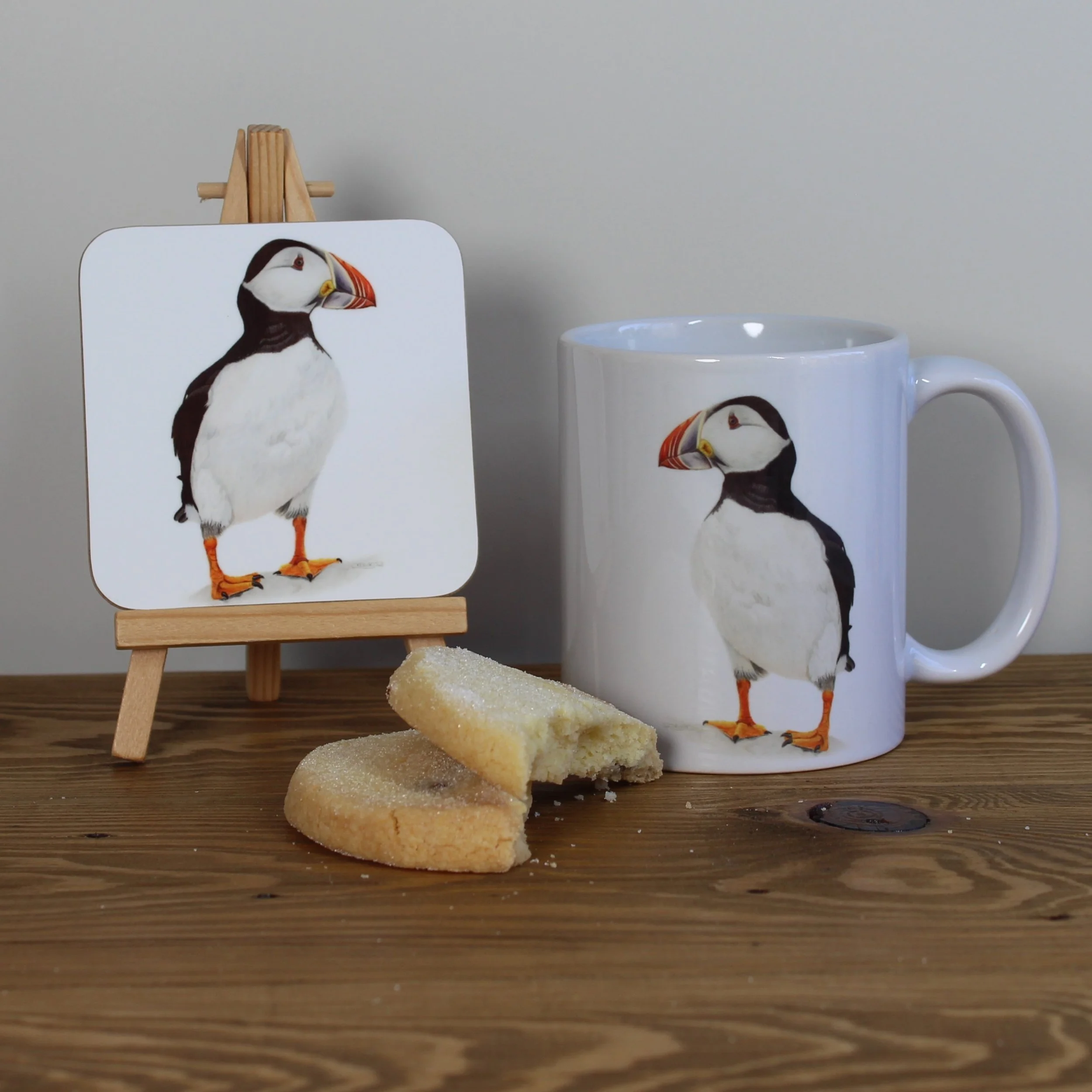Puffin white 11oz ceramic mug and matching coaster.