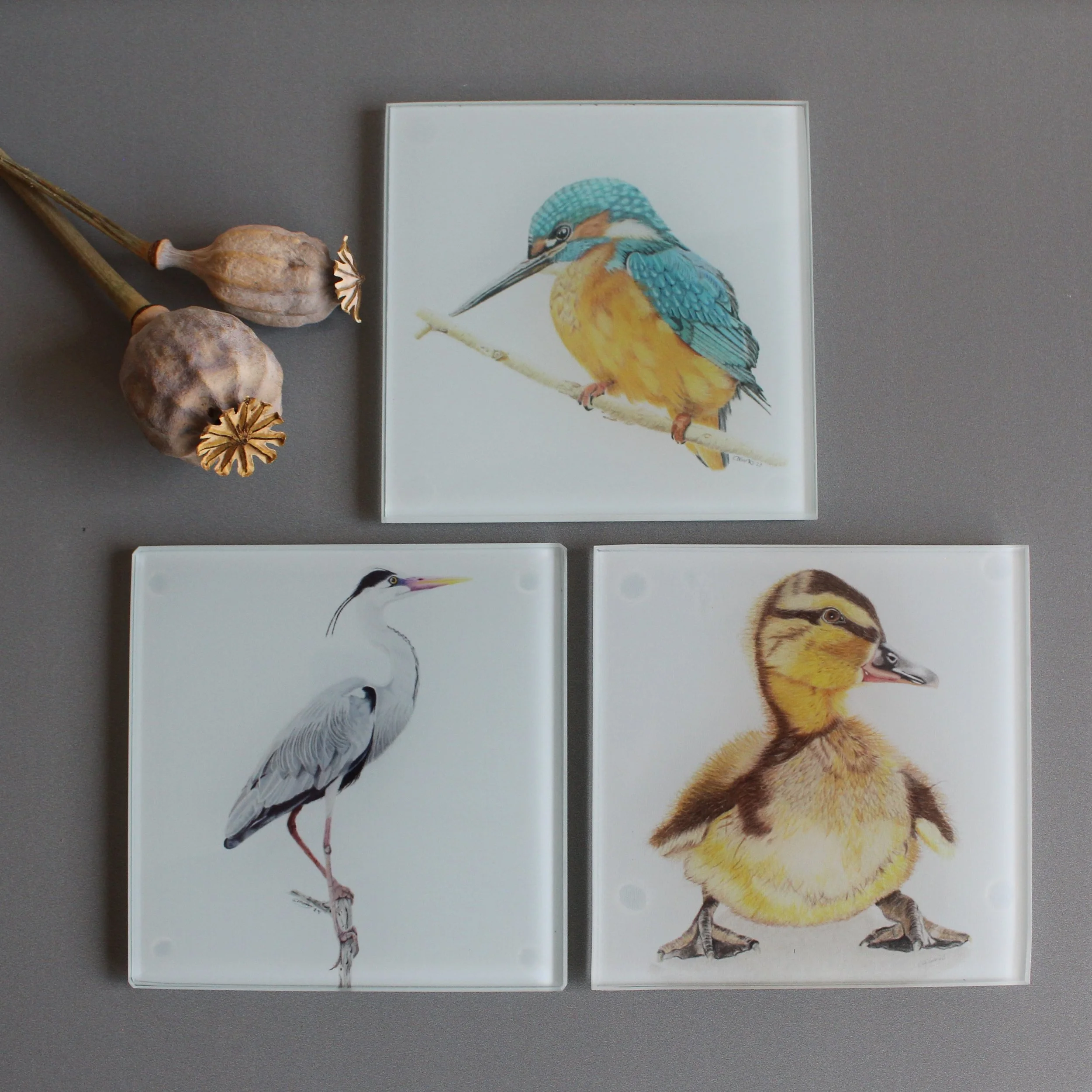 Heron, kingfisher and duckling glass coasters.