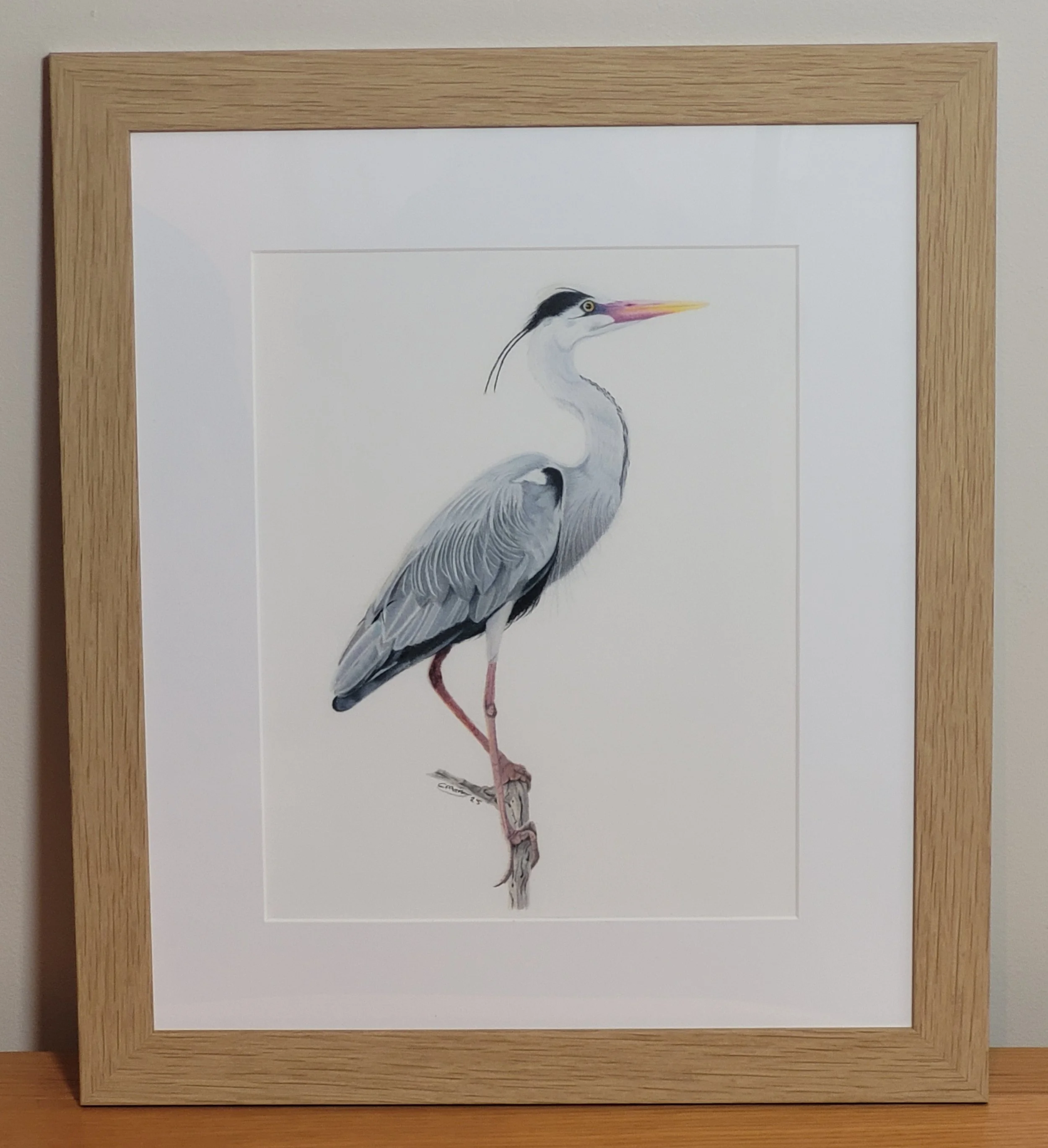 Framed original grey heron artwork.