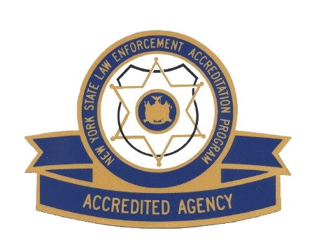 NY State Law Enforcement Accreditation Program logo featuring a gold and blue badge with a sheriff's star and a shield in the center, with a ribbon stating 'Accredited Agency'.