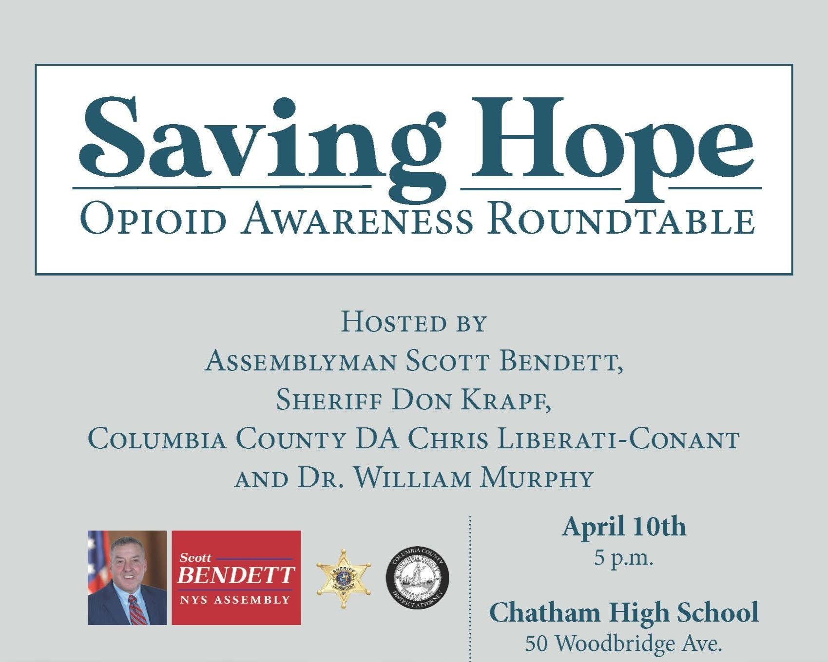 Saving Hope: Opiod Awareness Roundtable. April 10, 2025, 5:00pm Chatham High School