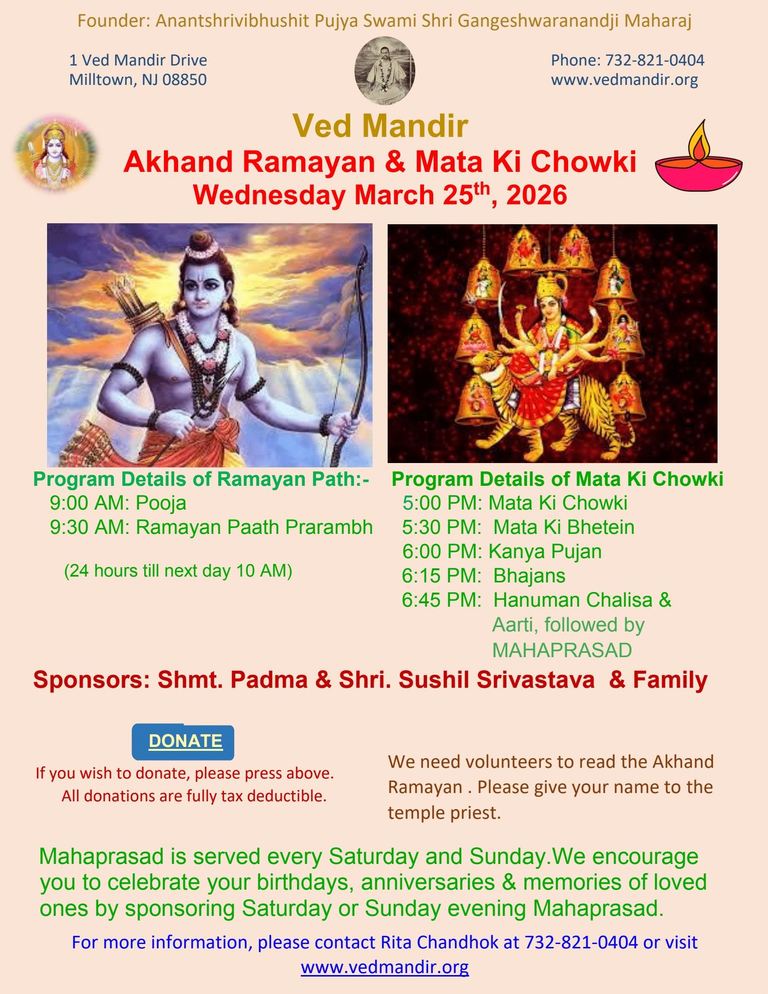 Durga Ashtami,Akhand Ramayan (till 10 AM next day) &amp; Mata ki Chowki