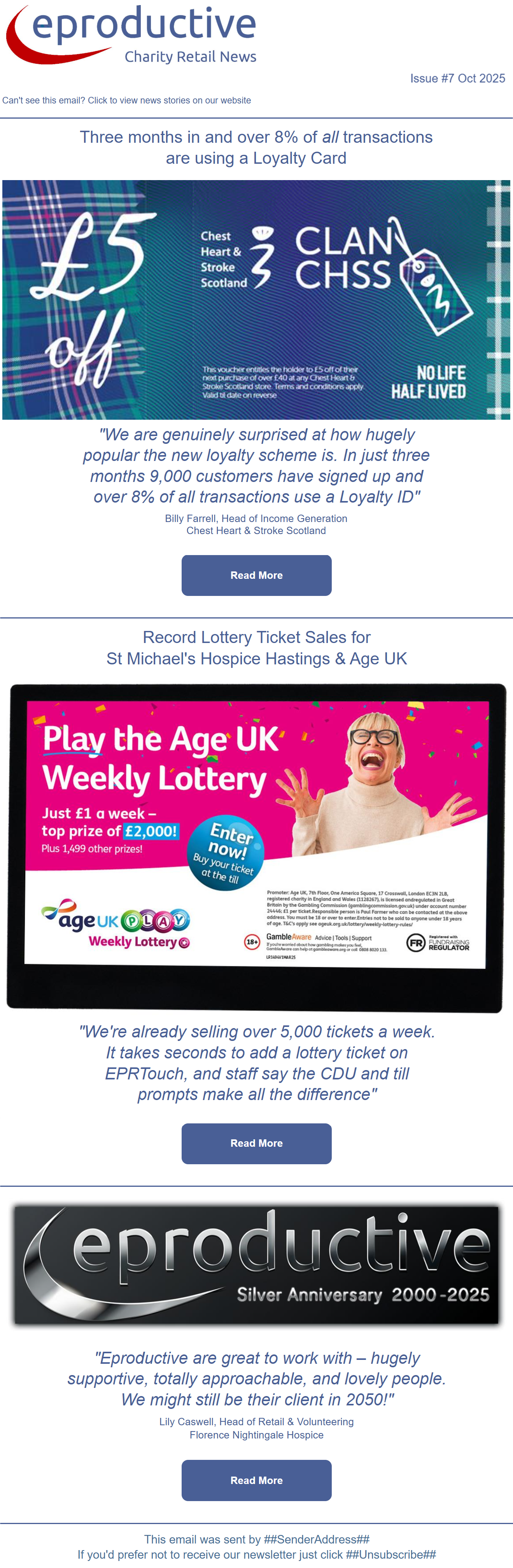 Screenshot of an email newsletter featuring promotional content for Eproductive, a charity in Scotland. It includes sections on a loyalty card scheme, lottery ticket sales, and a milestone celebrating 25 years of the organization.
