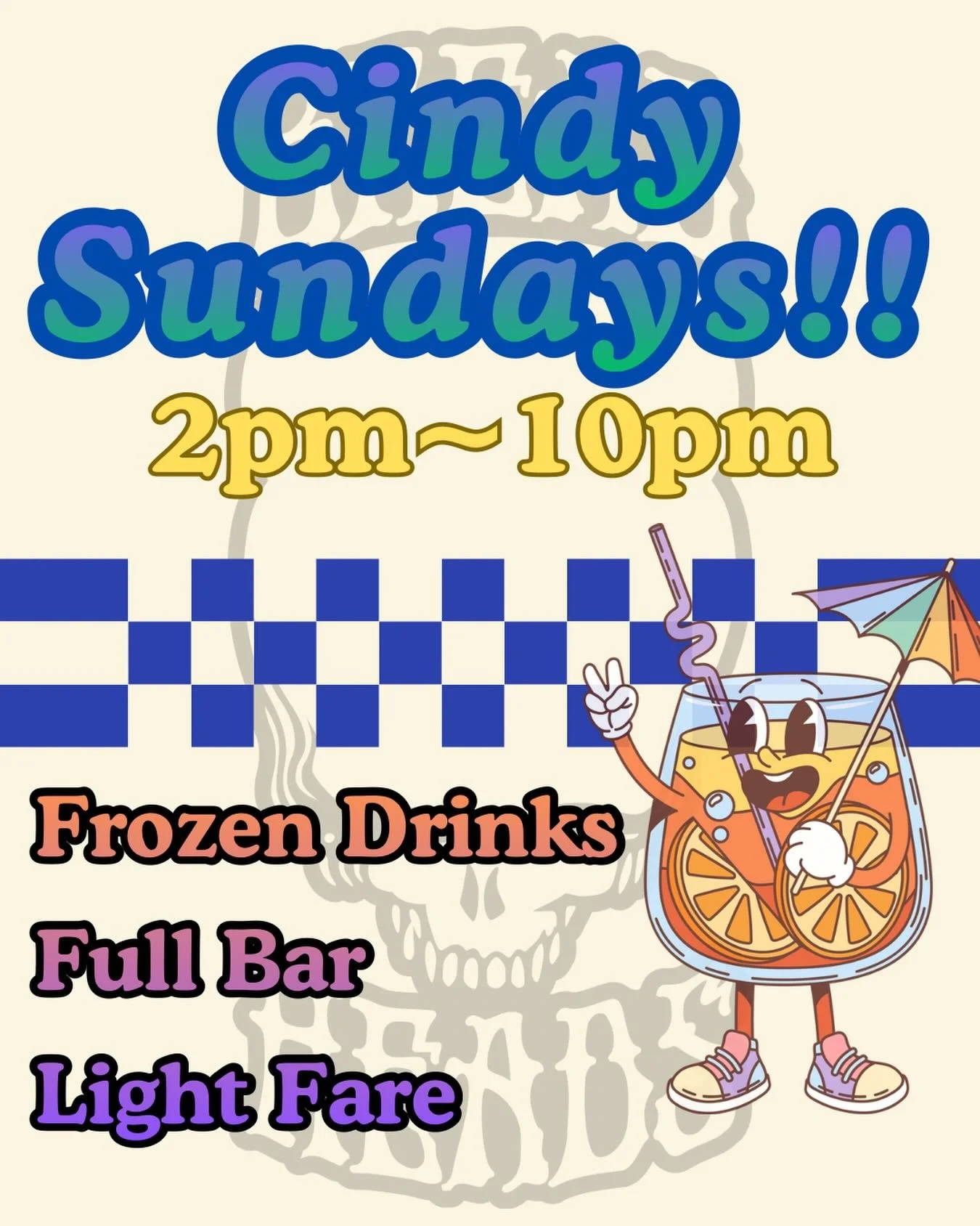 The one, the only, the legendary Cindy is taking over Sundays at Tiki &mdash; and she&rsquo;s bringing the BLENDER with her! 

Every Sunday, we&rsquo;re spinning up the most outrageous frozen concoctions this side of the tropics. cold, slushy, and da
