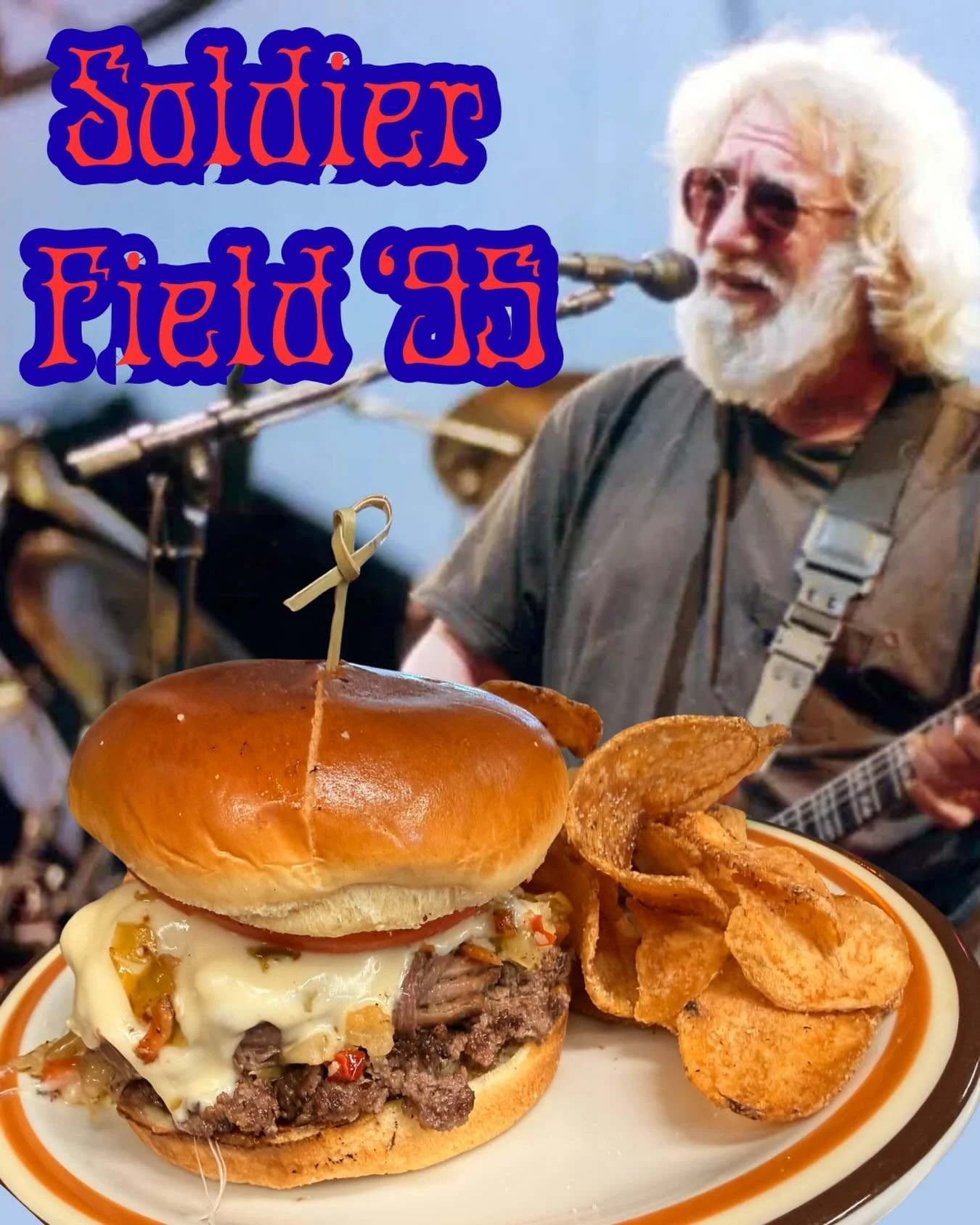 Chicago Beef style burger. Got a smash patty, got shredded beef, got Swiss so melty it&rsquo;ll make you forget where you parked. Topped with giardiniera&rsquo;s pickled garden party. What a long, strange, delicious trip it&rsquo;s gonna be.