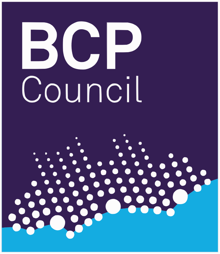 BCP Council logo with white dots pattern on purple background and blue wave at bottom.