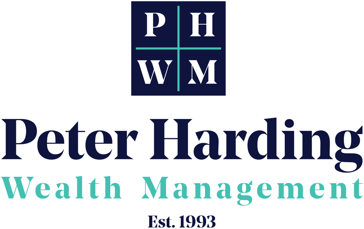 Logo for Peter Harding Wealth Management, established 1993, featuring initials P, H, W, M in a square with a teal cross, and the company name and tagline in navy and teal text.