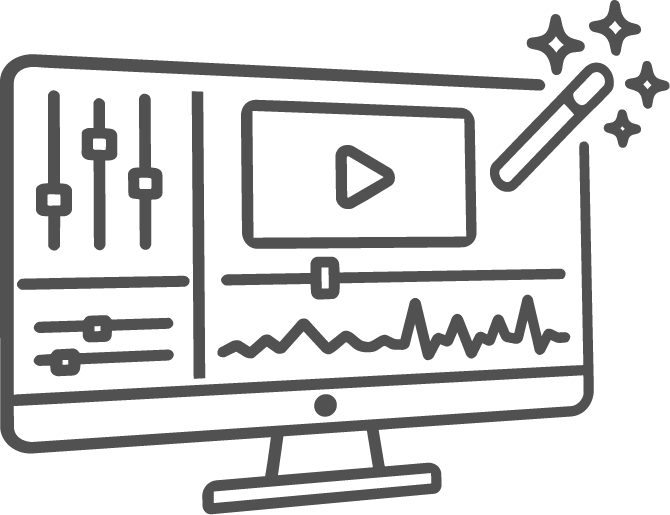 Line drawing of a computer monitor displaying video editing software, including sliders, a play button, a waveform, and a magic wand icon with sparkles.