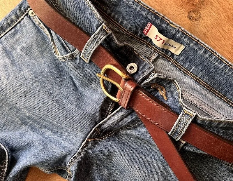 Handmade leather belt for jeans made from British oak bark tanned leather