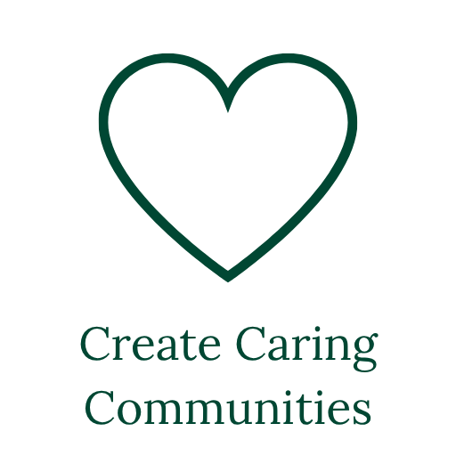 A simple outline of a heart with the text "Create Caring Communities" underneath.