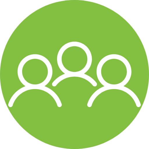 Icon of three people on a green circular background.