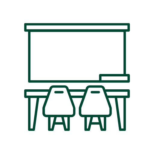 Outline of a classroom with a desk, two chairs, and a whiteboard.