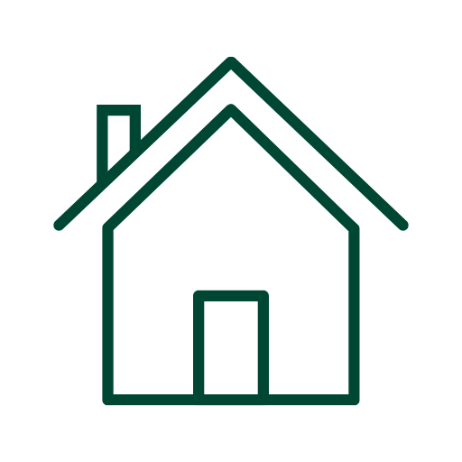 Outline of a house with a peaked roof and a chimney on the left side.