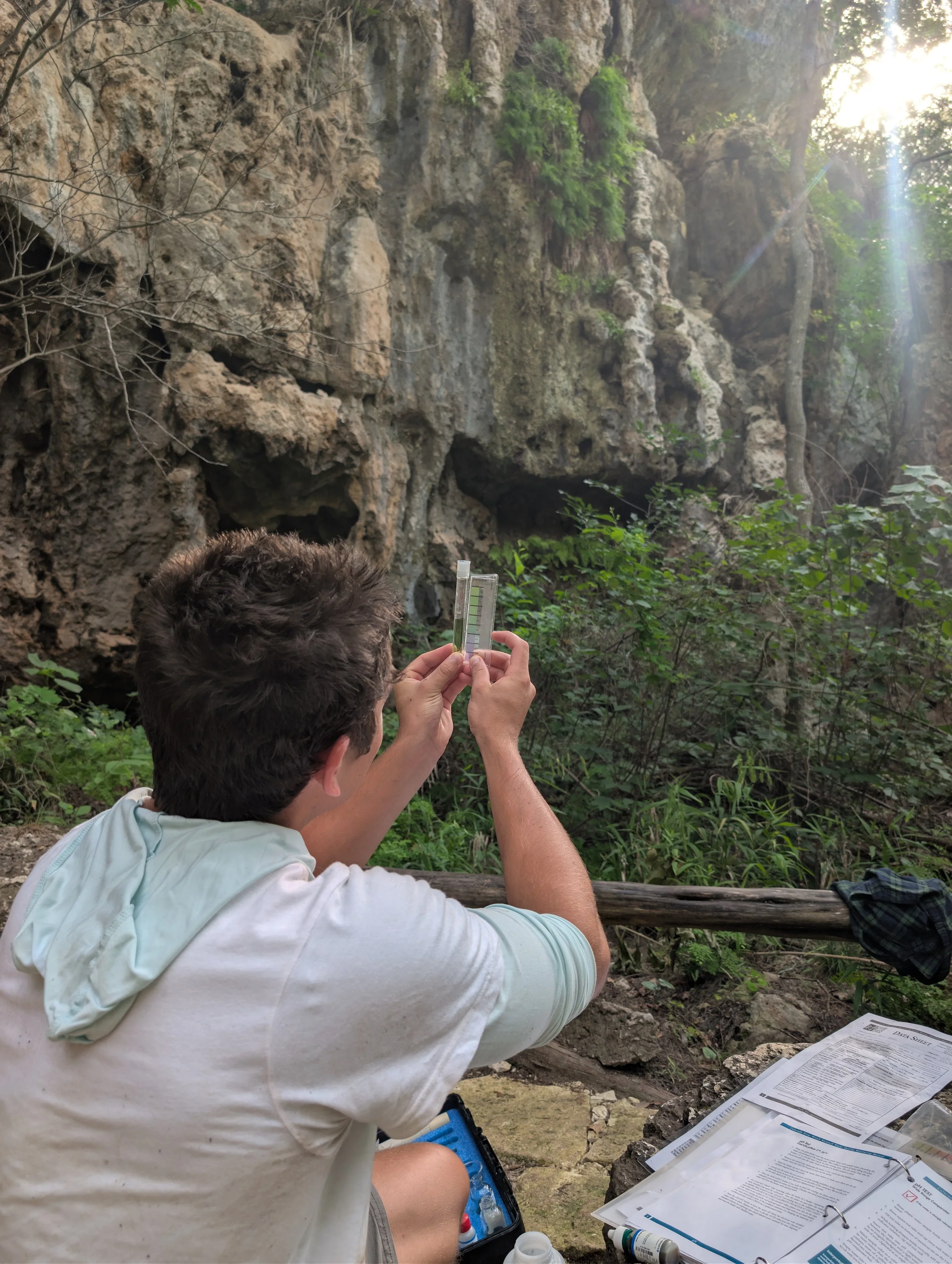 A person with short brown hair in a white shirt is sitting outdoors in front of a rocky cliff. There are scientific papers, a clipboard, and some small bottles or test tubes scattered on a surface nearby. The area is lush with green plants, and sunlight is shining through the trees.