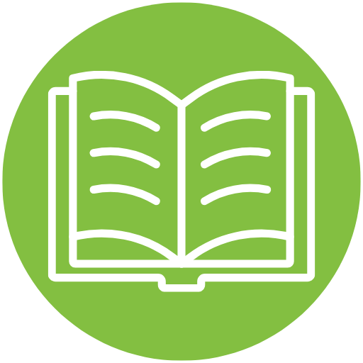 Icon of an open book on a green circular background.