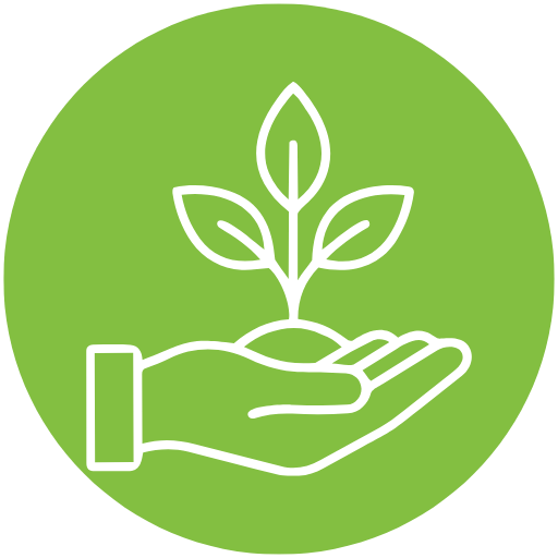 An icon of a hand holding a small plant with three leaves, set against a green circular background.