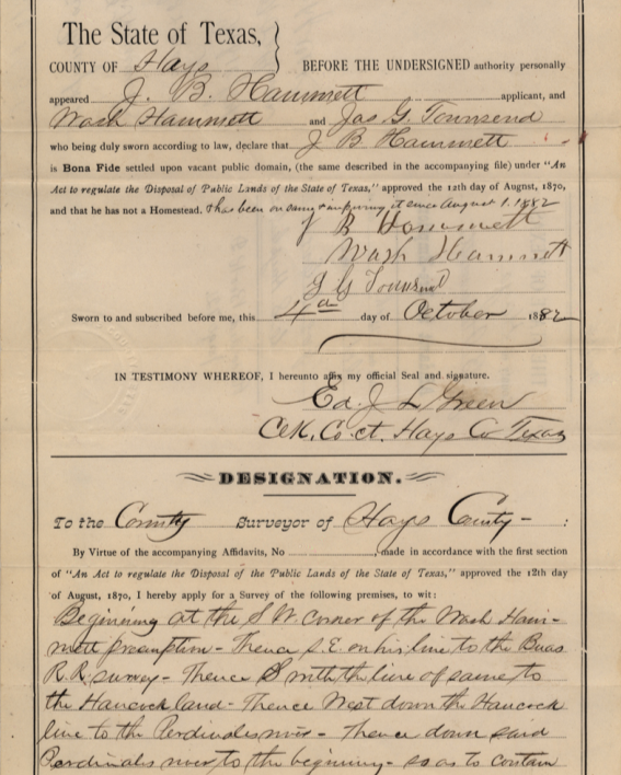 Historic 1882 land grant document connected to the land now protected as Westcave Preserve