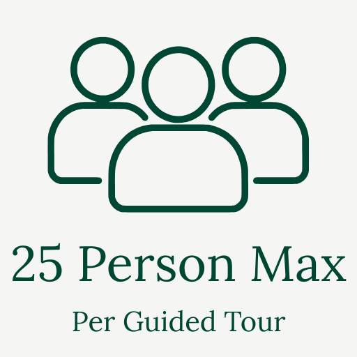 Icon of three people with the text '25 Person Max' and 'Per Guided Tour' below.