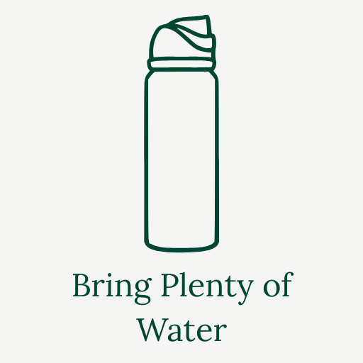 A minimalistic drawing of a water bottle with a lid and a label that says 'Bring Plenty of Water'.