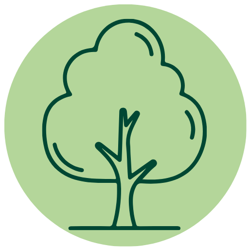 Green circular icon with a simple line drawing of a tree with a thick trunk and rounded leafy canopy.