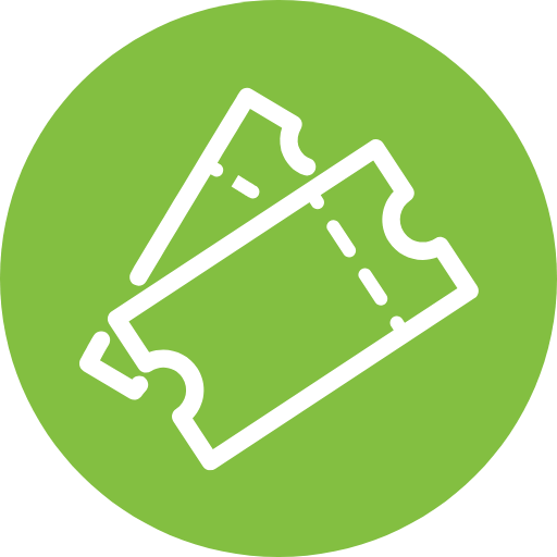 Icon of two movie tickets on a green circular background.