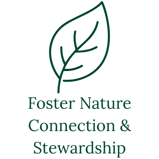 Outline of a leaf with text that reads 'Foster Nature Connection & Stewardship'.