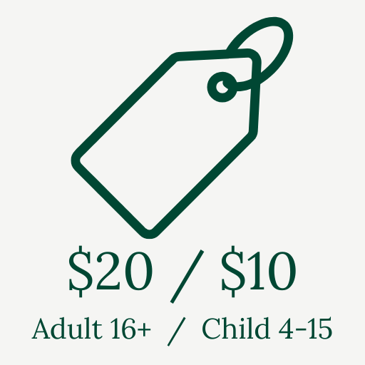 Price tag icon with prices $20 for adults 16+, $10 for children 4-15.