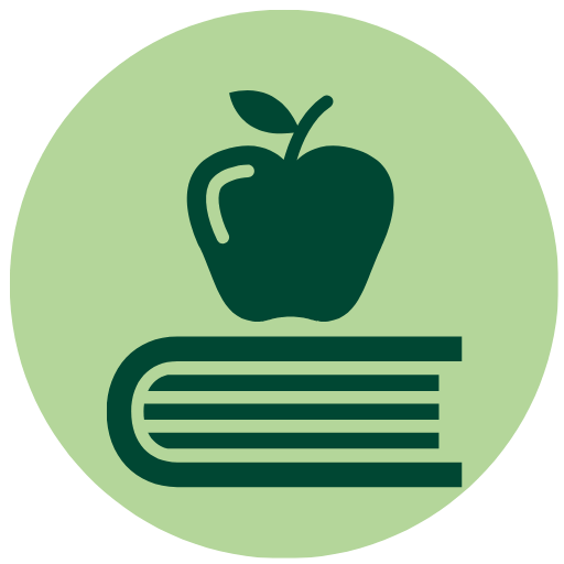Icon of an apple on top of a closed book, set against a light green circular background.
