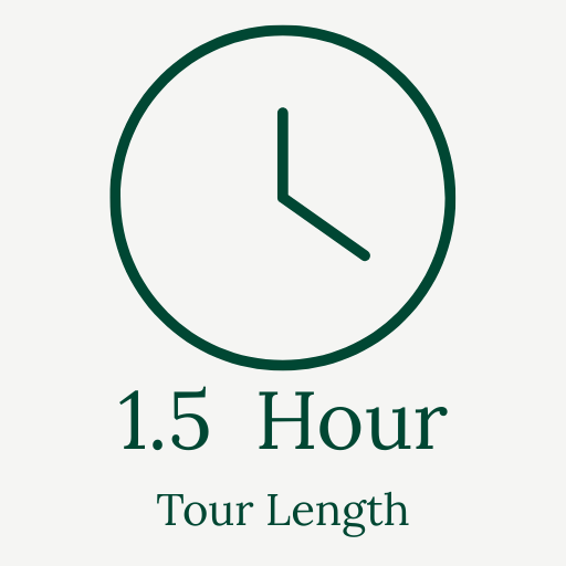 Clock showing 3:00, with text '1.5 Hour Tour Length'