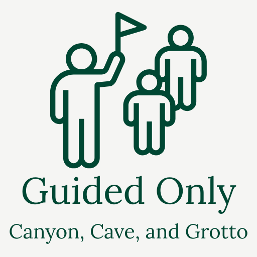 Outline of three people, one holding a flag, with the text "Guided Only Canyon, Cave, and Grotto" below.