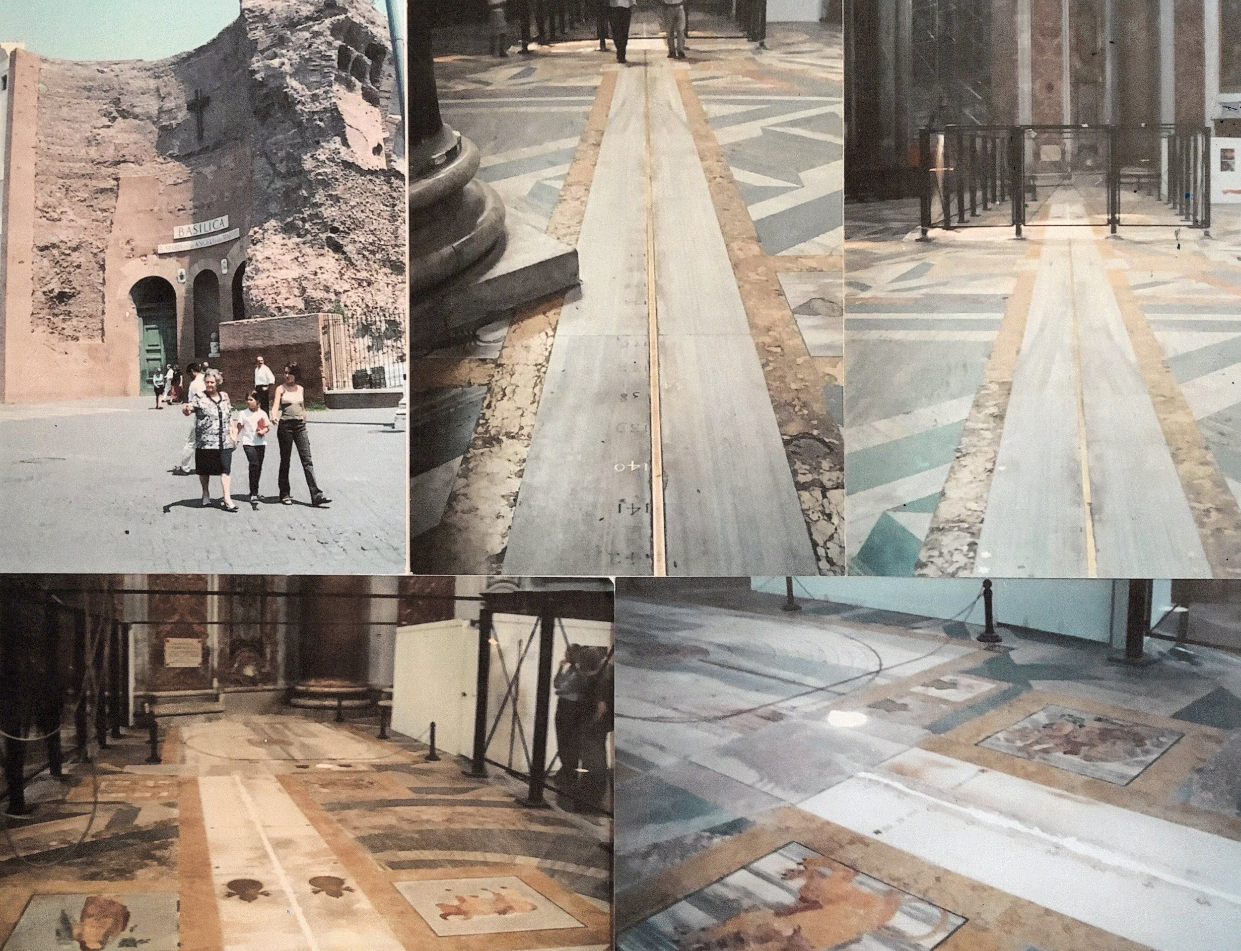 Photo collage of an analemma inside a historic building, featuring sections of marble flooring, scaffolding, and large standing structural elements.