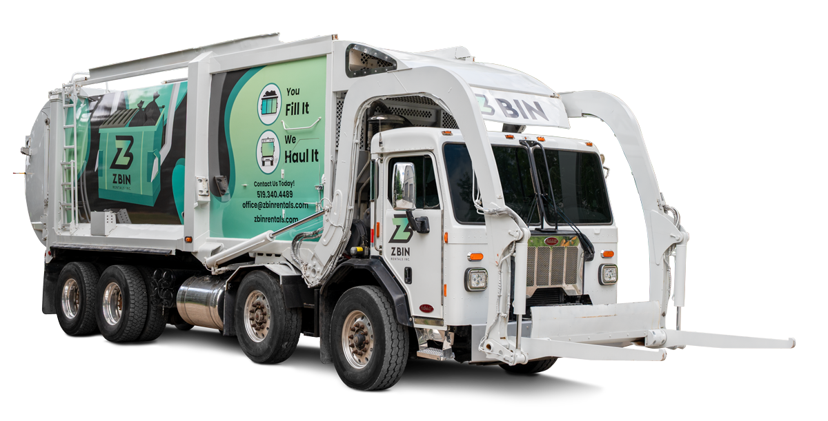 A garbage truck with ZBIN Rentals Inc. branding, equipped for recycling collection with a large container for waste and recycling bins, positioned for curbside pickup.