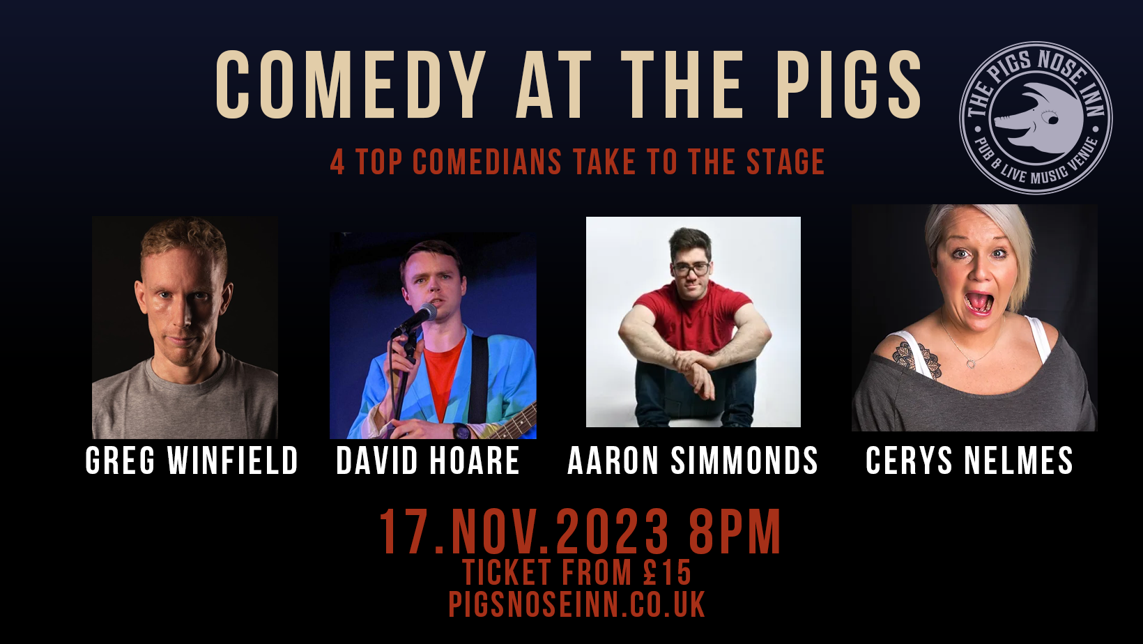 Comedy at the pigs - Greg Winfield, David Hoare, Aaron Simmonds, Cerys Nelmes