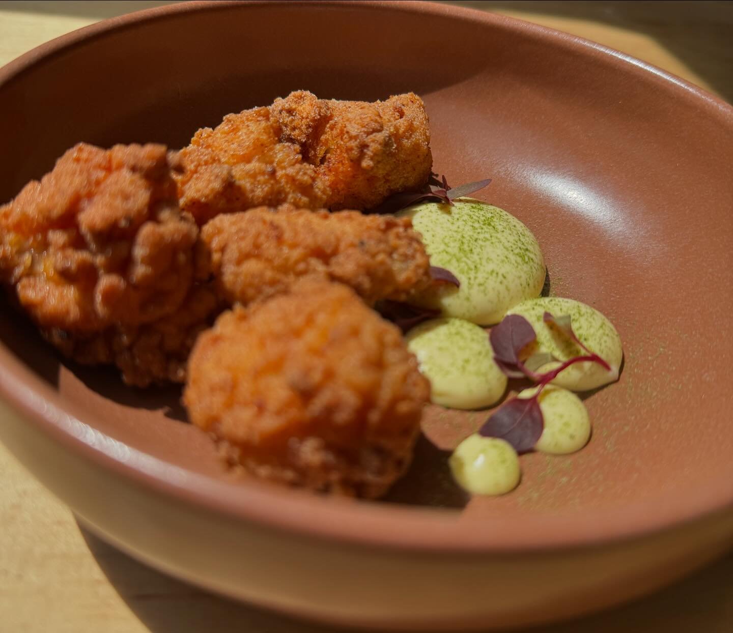 Introducing our new nibble on the main menu &ldquo;KFM&rdquo; Kentucky Fried Monkfish with a Mustard Mayonnaise and Chive Powder. #nibbles #devonfoodies #tastebuds @visitsouthdevon