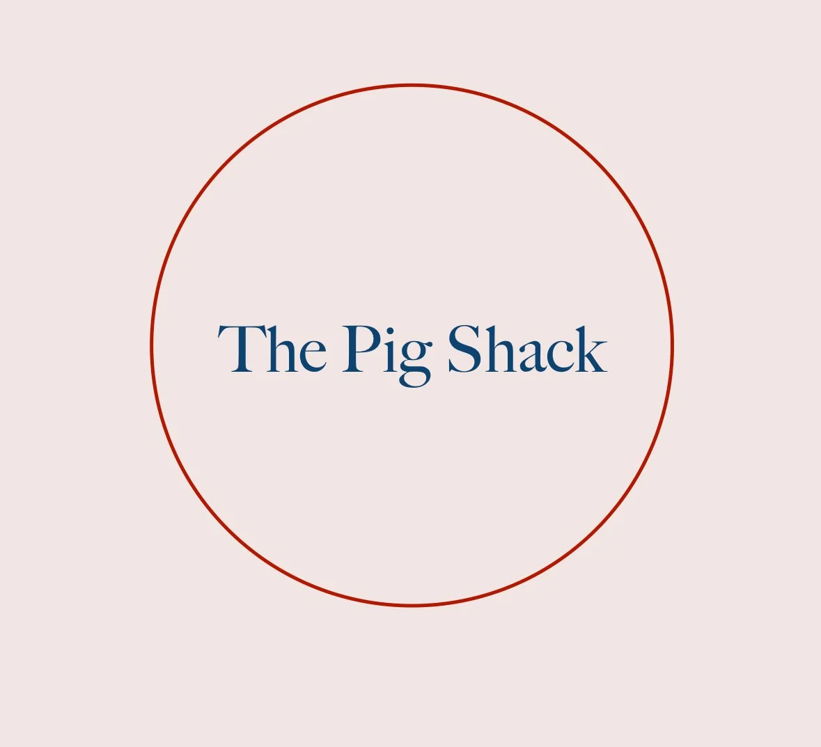 Logo with a red circle outline and the text 'The Pig Shack' in blue center on a light pink background.