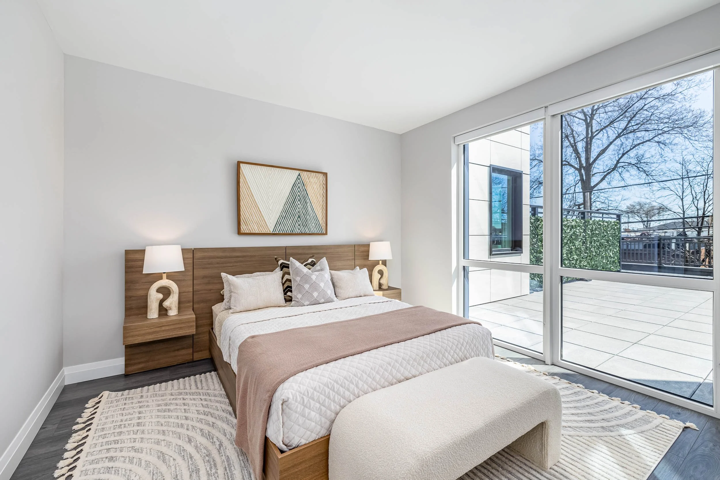 Modern luxury bedroom interior photography, minimalist suite design with floor-to-ceiling glass doors, professional architectural lighting for bright interiors, high-end residential design with neutral tones and wood textures, boutique hotel suite ph