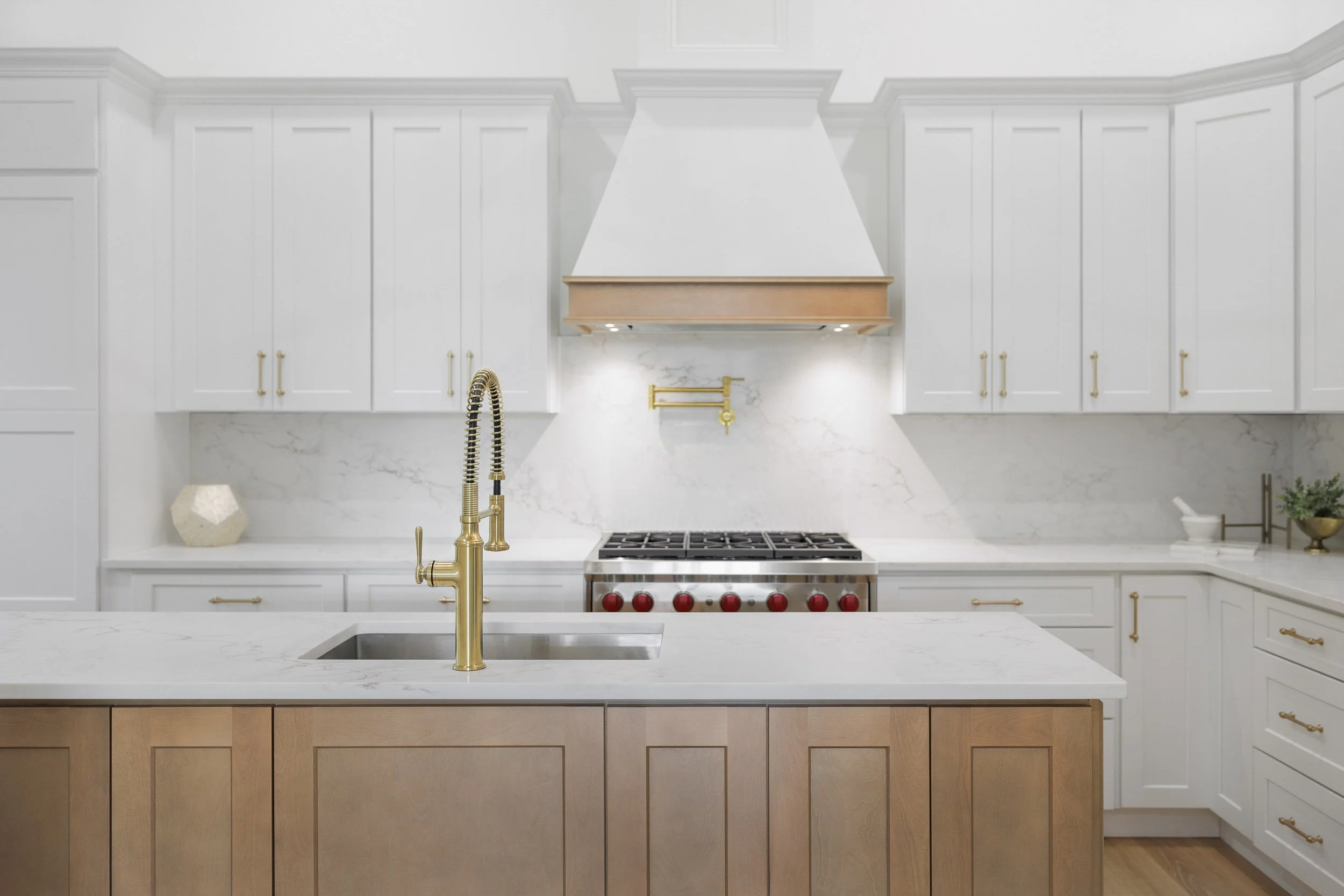 Luxury kitchen design photography, interior designer kitchen with custom range hood and gold pot filler, professional architectural elevation of marble backsplash and white cabinetry, high-end residential kitchen finishes, minimalist gourmet kitchen 