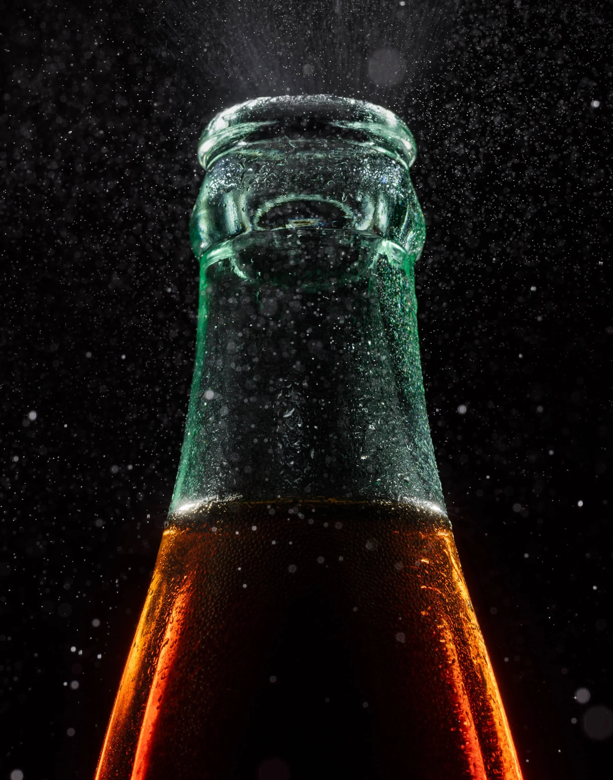Coca-Cola macro beverage photography, professional soda bottle hero shot, refreshing carbonation spray and condensation detail, high-speed liquid motion photography, amber soda glow against dark background, commercial beverage branding for soft drink
