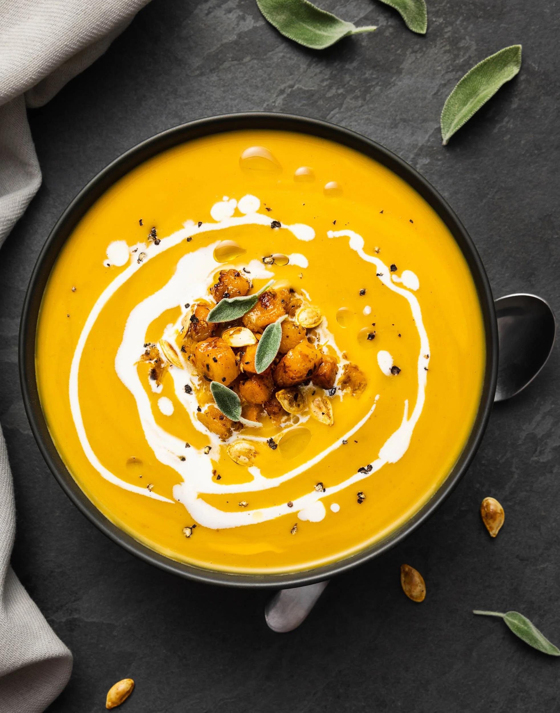 Professional food flatlay photography, butternut squash soup editorial styling, overhead gourmet soup shot, healthy autumn recipe branding, commercial culinary content for cookbooks and blogs.