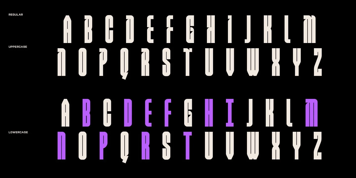 Image displaying uppercase and lowercase alphabet letters in a stylized, geometric font with a black background. The uppercase letters are light in color, and the lowercase letters are primarily purple with some light-colored letters.