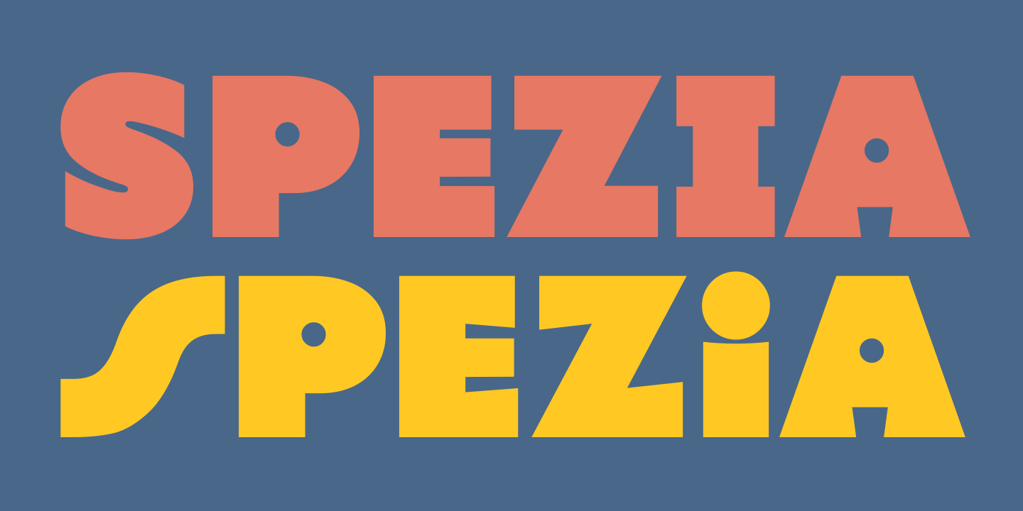 Graphic with the word 'SPEZIA' written twice in large colorful letters on a blue background.